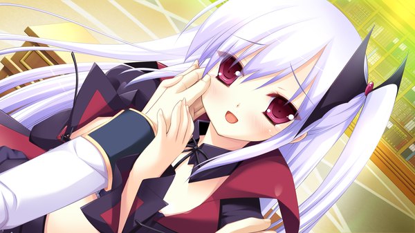 Anime picture 1920x1080 with hyper highspeed genius akechi hikari long hair highres open mouth red eyes wide image game cg white hair one side up girl