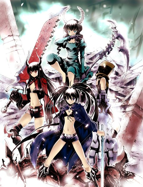 Anime picture 1424x1860 with black rock shooter black rock shooter (character) dead master strength (black rock shooter) black gold saw moonsorrow long hair tall image short hair blue eyes black hair red eyes standing sitting purple eyes twintails multiple girls white hair horn (horns) midriff