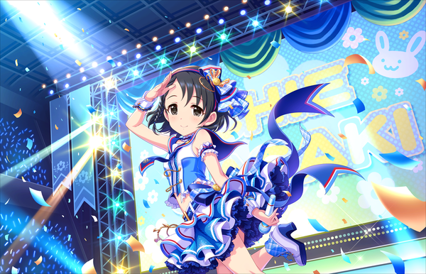 Anime picture 1280x824 with idolmaster idolmaster cinderella girls idolmaster cinderella girls starlight stage sasaki chie single blush short hair black hair smile bare shoulders bent knee (knees) braid (braids) black eyes hand on head :> step to the future girl hair ornament bow hair bow