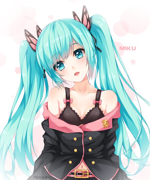 Anime picture 750x900 with project diva project diva f vocaloid sweet devil (vocaloid) hatsune miku noodle-y single long hair tall image looking at viewer blush fringe breasts open mouth light erotic hair between eyes twintails bare shoulders cleavage upper body