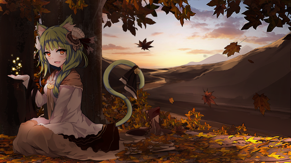 Anime picture 1920x1080 with original bba1985 single long hair blush fringe highres open mouth smile wide image sitting animal ears tail braid (braids) animal tail green hair sunlight cat ears cat girl cat tail