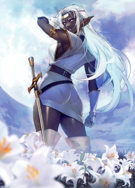 Anime picture 4000x5551 with record of lodoss war pirotess namaniku atk single tall image highres breasts light erotic standing purple eyes absurdres sky ass white hair looking back pointy ears sideboob dark skin elf dark elf