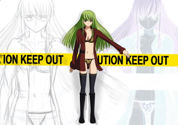 Anime picture 2894x2039 with code geass sunrise (studio) c.c. single long hair highres light erotic yellow eyes green hair open clothes open shirt girl thighhighs underwear panties black thighhighs boots caution tape