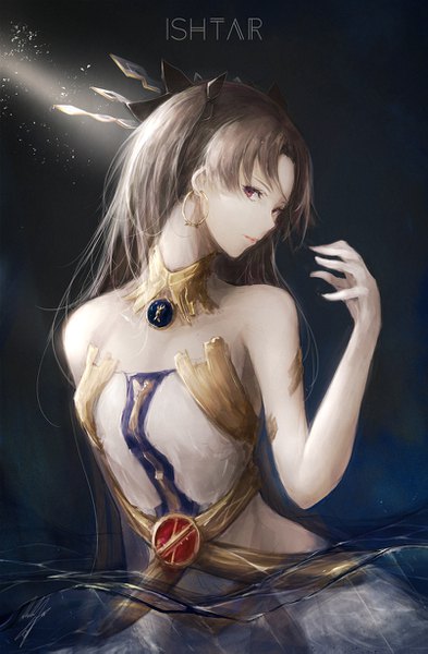 Anime picture 803x1227 with fate (series) fate/grand order ishtar (fate) marumoru single long hair tall image looking at viewer red eyes brown hair upper body profile sunlight two side up sleeveless character names girl dress hair ornament earrings