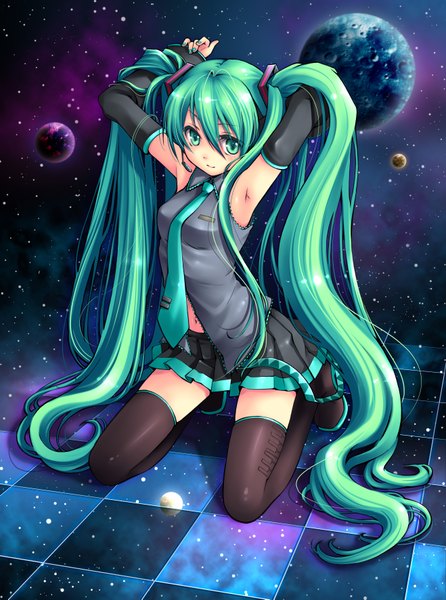 Anime picture 2636x3545 with vocaloid hatsune miku tidsean tall image highres twintails green eyes aqua eyes green hair aqua hair armpit (armpits) checkered floor space girl thighhighs detached sleeves miniskirt necktie headphones planet