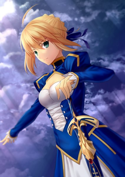 Anime picture 707x1000 with fate (series) fate/stay night type-moon artoria pendragon (all) saber kai (link2262) single tall image looking at viewer short hair blue eyes blonde hair sky cloud (clouds) girl dress weapon sword