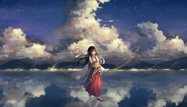 Anime picture 1600x914 with original .l.l single long hair looking at viewer black hair wide image sky cloud (clouds) traditional clothes japanese clothes evening reflection miko scenic girl ribbon (ribbons) weapon hair ribbon water
