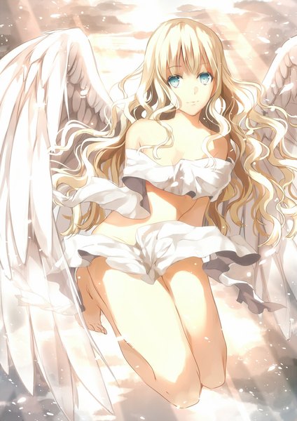 Anime picture 800x1131 with original hanagata single long hair tall image looking at viewer blue eyes light erotic white hair sunlight wavy hair sunbeam girl wings