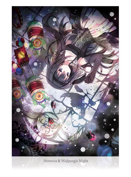 Anime picture 700x948 with mahou shoujo madoka magica shaft (studio) akemi homura walpurgisnacht (madoka magica) walpurgisnacht's familiars rednian single long hair tall image looking at viewer fringe black hair hair between eyes purple eyes looking away from above shadow character names framed floor