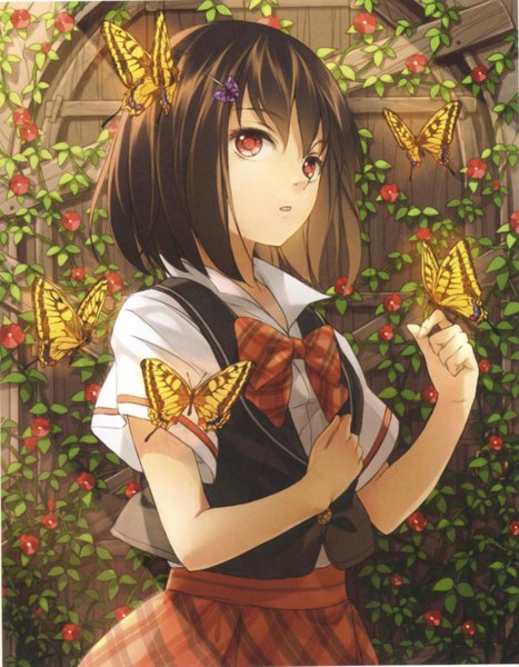 Anime picture 2604x3346 with pixiv girls collection 2010 ryou kimagure tall image highres short hair open mouth red eyes brown hair plaid skirt open collar girl hair ornament flower (flowers) bow plant (plants) shirt hairclip insect butterfly vest