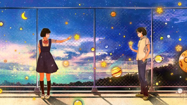 Anime picture 1245x700 with original gemi short hair blue eyes black hair smile wide image standing holding ahoge profile arm up sunlight night shadow night sky outstretched arm evening sunset hand in pocket