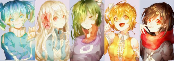 Anime picture 2456x870 with kagerou project shaft (studio) tateyama ayano mary (kagerou project) ene (kagerou project) kido tsubomi kisaragi momo yelsh long hair looking at viewer fringe highres short hair open mouth blue eyes blonde hair smile red eyes brown hair wide image