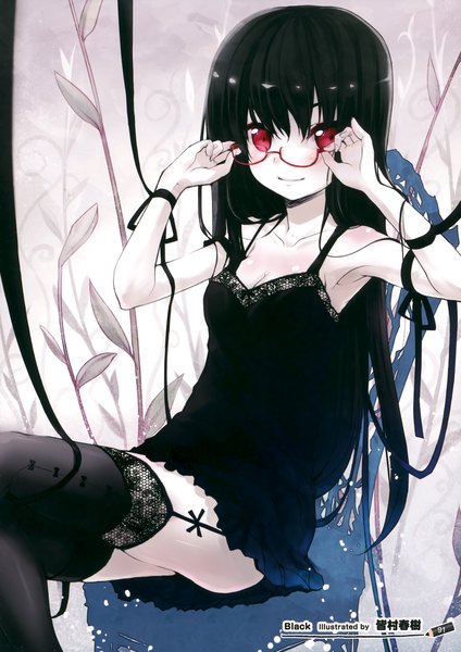 Anime picture 2471x3500 with original minamura haruki single long hair tall image looking at viewer blush highres black hair red eyes sitting bare shoulders cleavage light smile girl thighhighs ribbon (ribbons) black thighhighs glasses