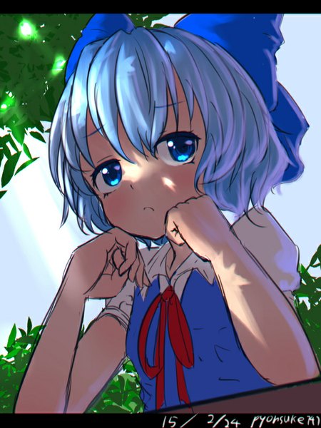 Anime picture 600x800 with touhou cirno pyonsuke (pyon2 mfg) single tall image blush fringe short hair blue eyes signed blue hair looking away sky sunlight arm support shadow from below short sleeves dated light