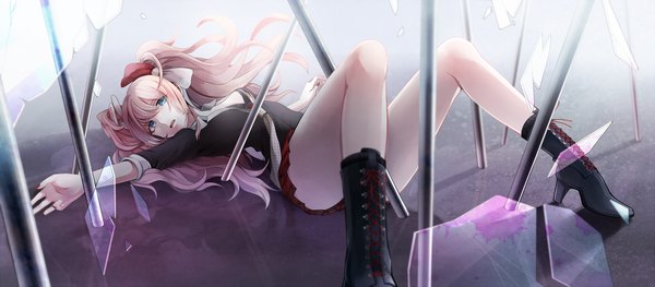 Anime picture 2000x879 with dangan ronpa enoshima junko tomari (veryberry00) single long hair highres open mouth blue eyes wide image twintails pink hair full body lying girl skirt boots debris