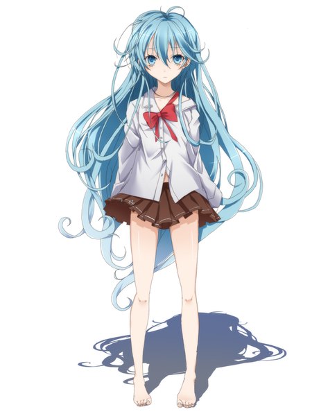 Anime picture 1000x1333 with denpa onna to seishun otoko shaft (studio) touwa erio reimin single long hair tall image looking at viewer blue eyes simple background standing white background blue hair barefoot shadow girl skirt miniskirt shirt