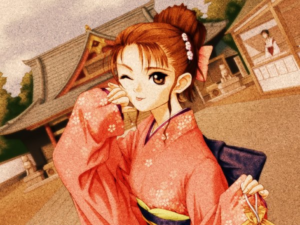Anime picture 1024x768 with room with lina kanzaki rina tony taka looking at viewer multiple girls brown eyes outdoors long sleeves traditional clothes japanese clothes one eye closed wink orange hair dutch angle floral print :p girl 2 girls kimono tongue