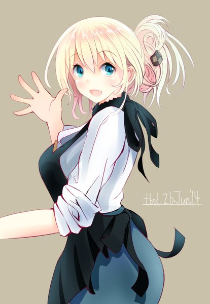 Anime picture 2073x3000 with kantai collection atago heavy cruiser tebi (tbd11) single long hair tall image looking at viewer blush highres open mouth blue eyes simple background blonde hair smile signed turning head dated alternate hairstyle waving 2014
