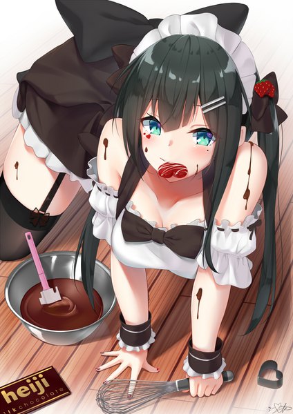 Anime picture 1000x1414 with original mirea single long hair tall image looking at viewer blush light erotic black hair twintails nail polish aqua eyes from above on all fours floor valentine brand name imitation girl thighhighs black thighhighs