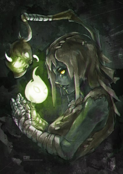 Anime picture 2476x3504 with league of legends yorick (league of legends) monori rogue single tall image looking at viewer highres yellow eyes lips magic genderswap green skin girl bandage (bandages)