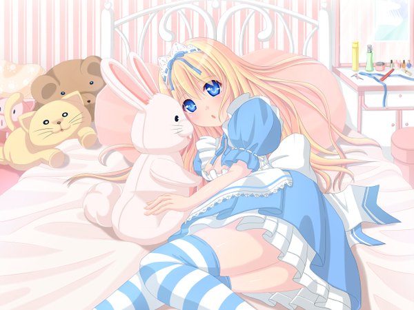 Anime picture 1333x1000 with alice in wonderland alice (wonderland) chibimame single long hair blush open mouth blue eyes light erotic blonde hair lying girl thighhighs dress bow hair bow bed apron toy stuffed animal
