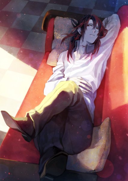 Anime picture 2150x3035 with original tokigiakira single long hair tall image fringe highres open mouth red eyes red hair lying sunlight crossed legs arm behind head pale skin checkered floor sunbeam checkered dust boy
