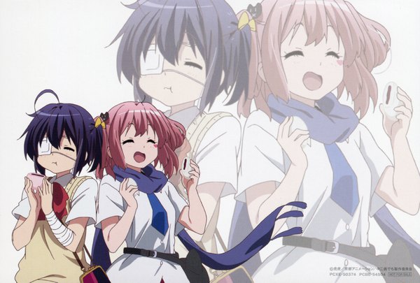 Anime picture 3468x2346 with chuunibyou demo koi ga shitai! kyoto animation takanashi rikka shichimiya satone blush fringe highres short hair open mouth smile hair between eyes white background multiple girls holding signed pink hair absurdres purple hair ahoge eyes closed