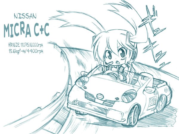 Anime picture 1024x768 with vocaloid hatsune miku monochrome chibi sketch driving girl ground vehicle musical note car convertible marusuke
