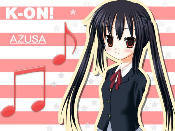 Anime picture 1280x960 with k-on! kyoto animation nakano azusa sakurano arisu single long hair looking at viewer blush fringe smile hair between eyes red eyes twintails payot copyright name character names text striped background girl uniform