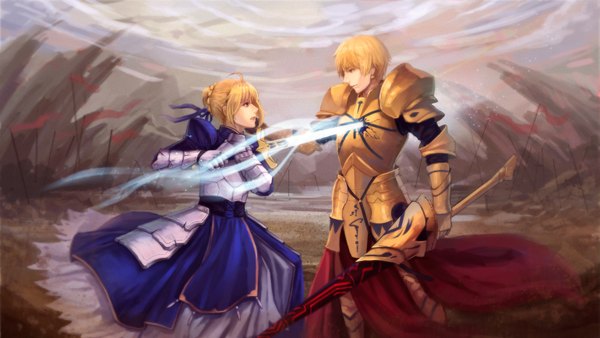 Anime picture 1539x868 with fate (series) fate/stay night studio deen type-moon artoria pendragon (all) saber gilgamesh (fate) jun (goodgun7) short hair open mouth blue eyes blonde hair wide image yellow eyes profile girl dress boy weapon sword
