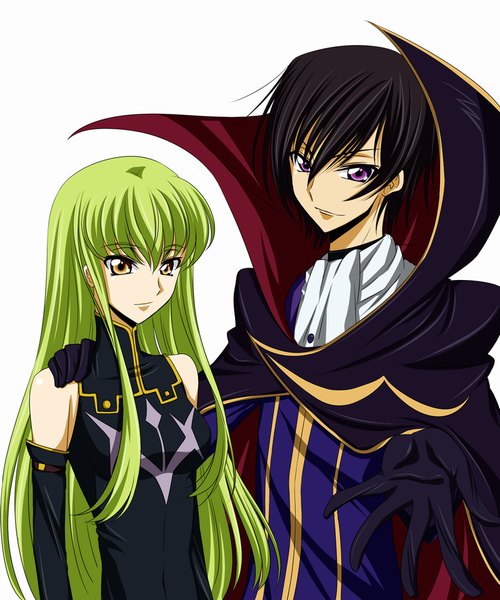 Anime picture 800x960 with code geass sunrise (studio) c.c. lelouch lamperouge ccllsaikou long hair tall image looking at viewer fringe short hair black hair white background purple eyes yellow eyes green hair couple girl dress boy gloves