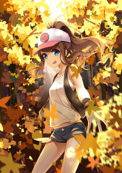 Anime picture 2952x4169 with pokemon pokemon black and white nintendo hilda (pokemon) transistor (poppy) single long hair tall image looking at viewer highres blue eyes smile brown hair ponytail girl plant (plants) tree (trees) shorts tongue leaf (leaves)