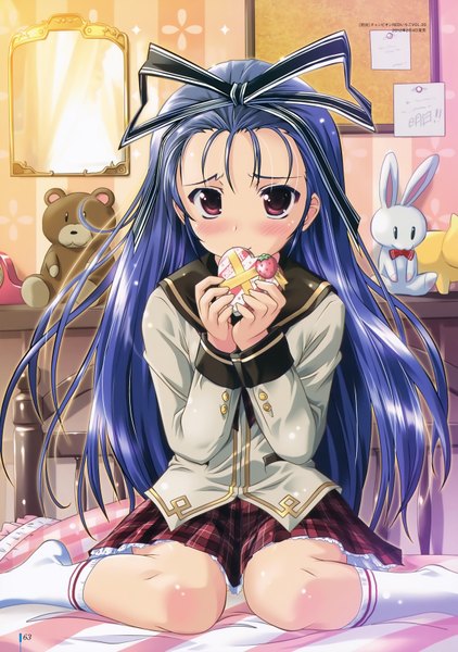 Anime picture 4925x7000 with komatsu eiji single long hair tall image looking at viewer blush highres white background purple eyes blue hair absurdres scan girl skirt ribbon (ribbons) hair ribbon toy stuffed animal gift