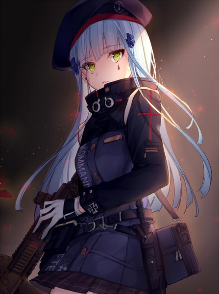 Anime picture 700x940 with girls frontline hk416 (girls frontline) achan (blue semi) single long hair tall image looking at viewer fringe simple background green eyes silver hair blunt bangs pleated skirt facial mark plaid skirt dark background shaded face military girl skirt