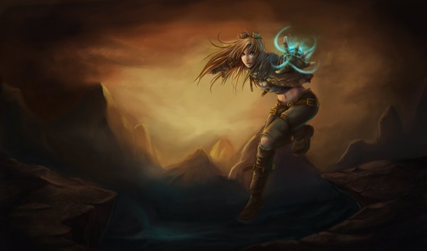 Anime picture 3200x1888 with league of legends ezreal (league of legends) single long hair looking at viewer highres blonde hair wide image mountain genderswap girl gloves navel glasses shorts fingerless gloves goggles