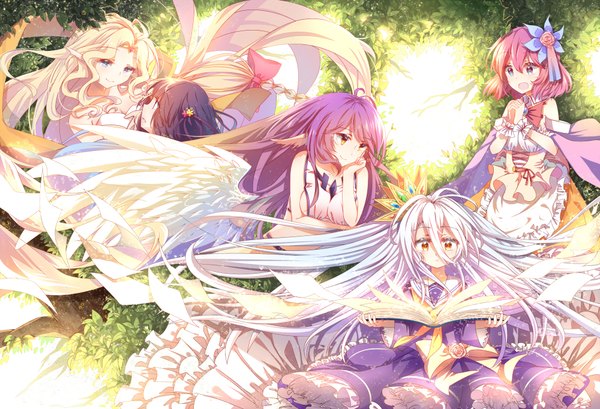 Anime picture 4000x2732 with no game no life madhouse shiro (no game no life) jibril (no game no life) stephanie dora feel nilvalen chlammy zell 3000 xiao chun long hair highres short hair open mouth blue eyes black hair blonde hair smile hair between eyes multiple girls brown eyes pink hair