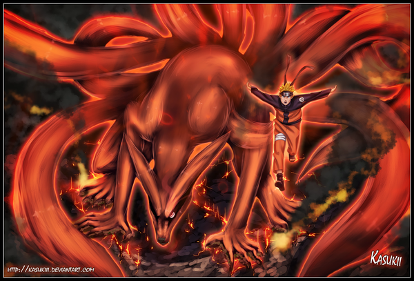 Anime picture 1179x800 with naruto studio pierrot naruto (series) uzumaki naruto kurama (kyuubi) kasukiii short hair open mouth blue eyes blonde hair red eyes coloring framed jinchuriki demon bijuu boy animal bandana fox