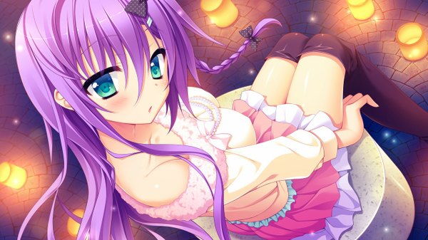 Anime picture 1280x720 with hanasaki work spring kuon ayano toranosuke single long hair looking at viewer blush fringe open mouth wide image sitting green eyes game cg purple hair braid (braids) looking back girl hair ornament boots thigh boots