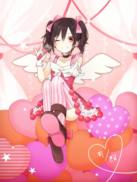 Anime picture 1363x1800 with love live! school idol project sunrise (studio) love live! yazawa nico chisumi single tall image looking at viewer blush short hair black hair smile twintails one eye closed wink teeth angel wings pointing heart of string girl