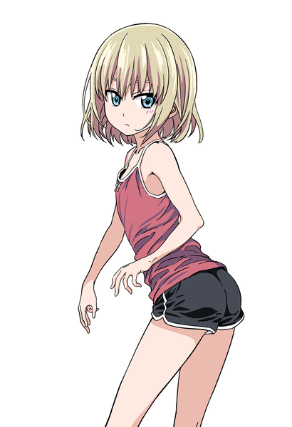 Anime picture 1000x1462 with girls und panzer katyusha (girls und panzer) hiroyuki single tall image blush fringe short hair blue eyes light erotic simple background blonde hair hair between eyes white background looking away turning head flat chest casual girl shorts