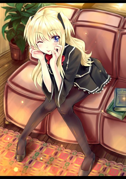 Anime picture 707x1000 with quiz magic academy shalon arudehido single long hair tall image blush blue eyes blonde hair sitting one eye closed wink two side up :p girl ribbon (ribbons) school uniform pantyhose tongue book (books)