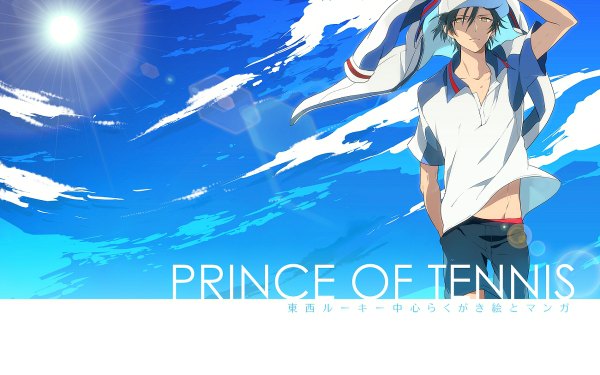 Anime picture 1200x750 with prince of tennis echizen ryoma nic (kevin) single short hair black hair yellow eyes looking away sky cloud (clouds) arm up sunlight bare belly copyright name groin hand in pocket sunbeam boy uniform underwear