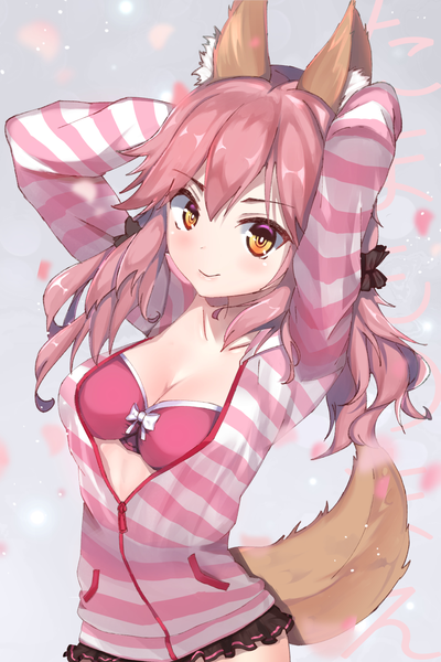 Anime picture 900x1350 with fate (series) fate/extra tamamo (fate) (all) tamamo no mae (fate) rururi (ilxodidli) single long hair tall image looking at viewer blush fringe breasts light erotic simple background smile hair between eyes twintails animal ears yellow eyes payot