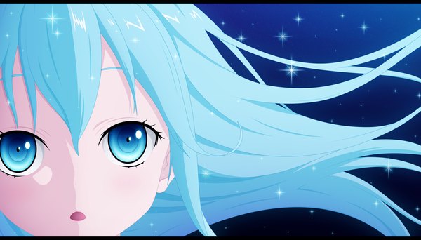 Anime picture 2560x1460 with denpa onna to seishun otoko shaft (studio) touwa erio panzoom single long hair highres open mouth blue eyes wide image blue hair coloring close-up face vector girl