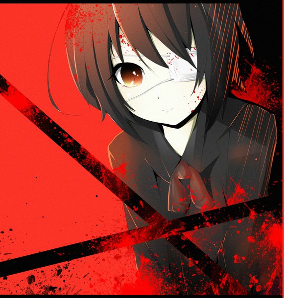 Anime picture 1950x2050 with another p.a. works misaki mei single tall image highres short hair black hair red eyes red background girl uniform school uniform eyepatch