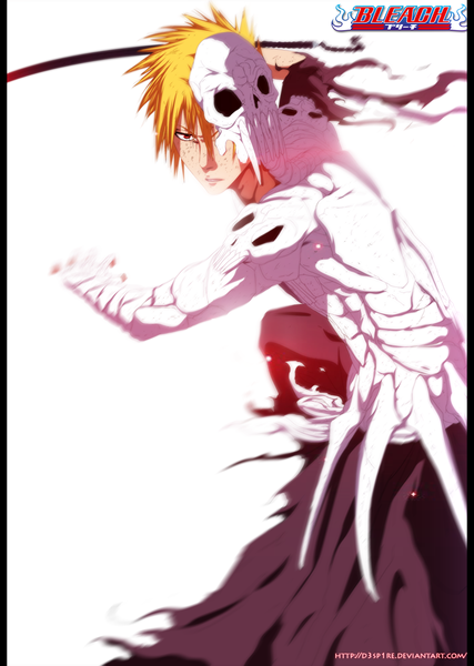 Anime picture 2000x2812 with bleach studio pierrot kurosaki ichigo schwarrtz single tall image highres short hair simple background red eyes white background orange hair inscription coloring torn clothes boy weapon sword katana mask