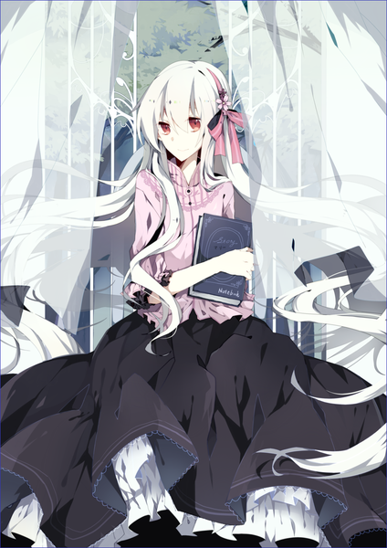 Anime picture 2480x3507 with kagerou project shaft (studio) mary (kagerou project) motoko (fe25) single tall image looking at viewer fringe highres silver hair very long hair light smile orange eyes girl dress hair ornament ribbon (ribbons) hair ribbon shirt book (books)