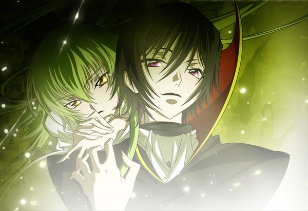 Anime picture 1000x685 with code geass sunrise (studio) c.c. lelouch lamperouge long hair looking at viewer fringe short hair black hair purple eyes yellow eyes green hair couple girl boy