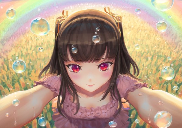 Anime picture 3508x2480 with original sinad-jeru single long hair looking at viewer blush fringe highres smile red eyes brown hair twintails absurdres blunt bangs from above sunlight short sleeves lipstick tears outstretched arm