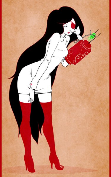 Anime picture 1000x1600 with adventure time marceline (adventure time) kim (adventure time) tagme (artist) single long hair tall image black hair simple background signed eyes closed very long hair lipstick pillarboxed girl thighhighs cat eyepatch skull syringe